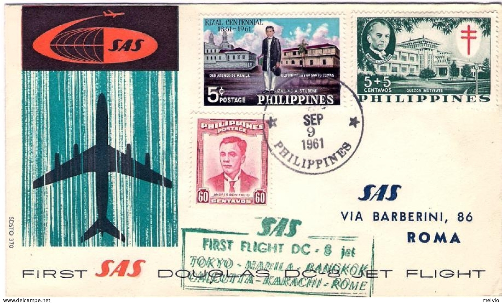 1961-Filippine I^volo SAS Manila Roma Del 9 Settembre - Filippine