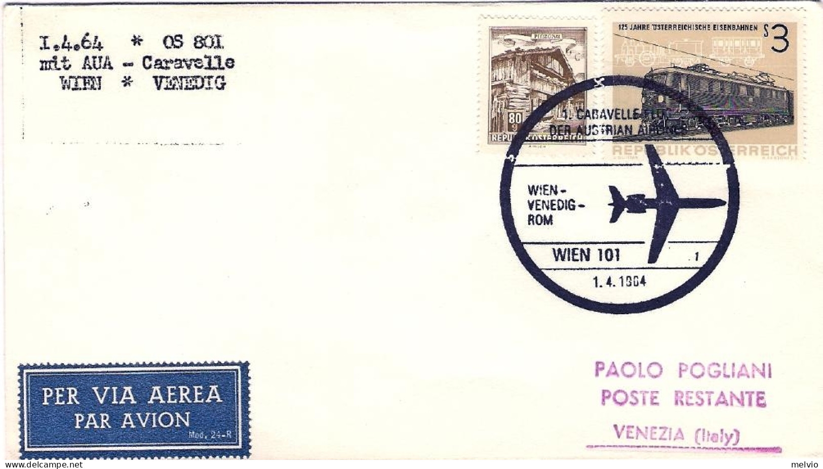 1964-Austria I^volo Caravelle Vienna Venezia Del 1 Aprile - Andere & Zonder Classificatie
