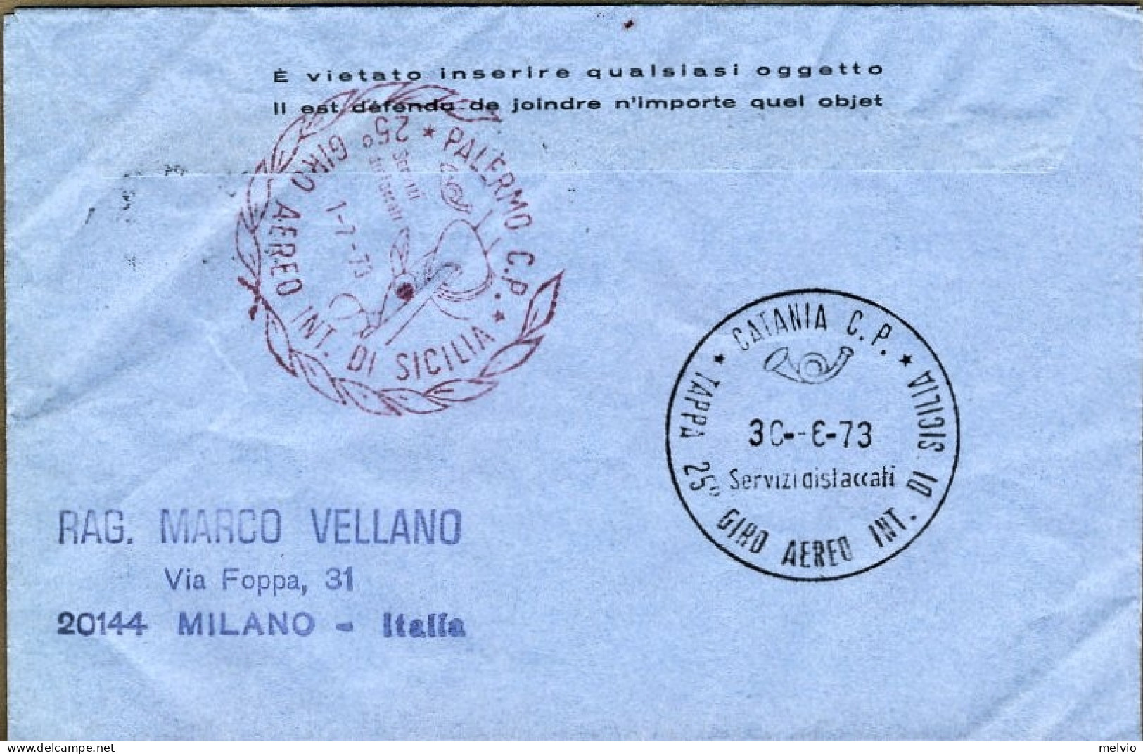 Vaticano-1973 XXV Giro Aereo Internazionale Di Sicilia Tappa Di Catania - Posta Aerea