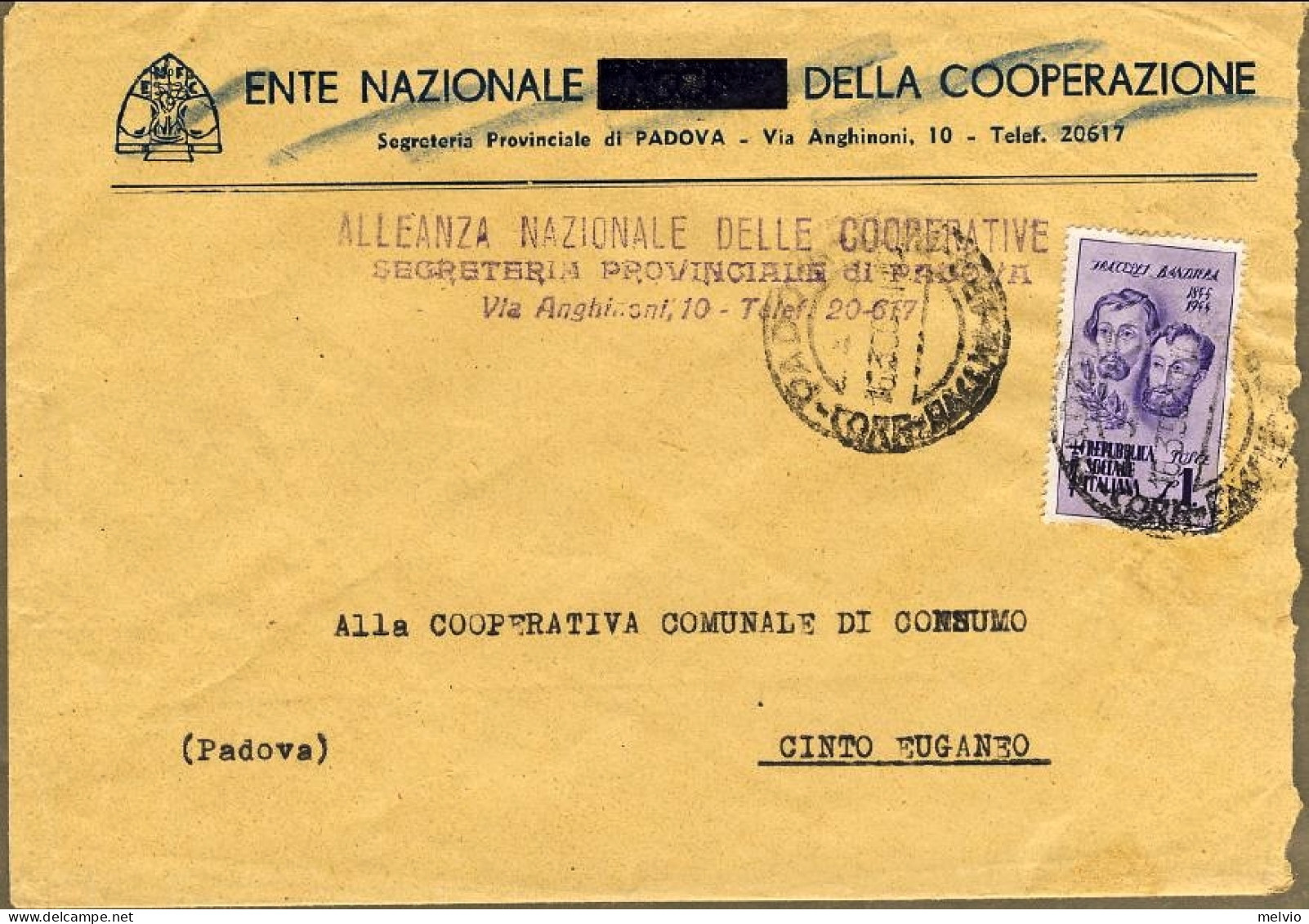 1945-RSI Busta Affrancata L.1 F.lli Bandiera Isolato Al Verso Bollo D'arrivo Cin - Marcophilia