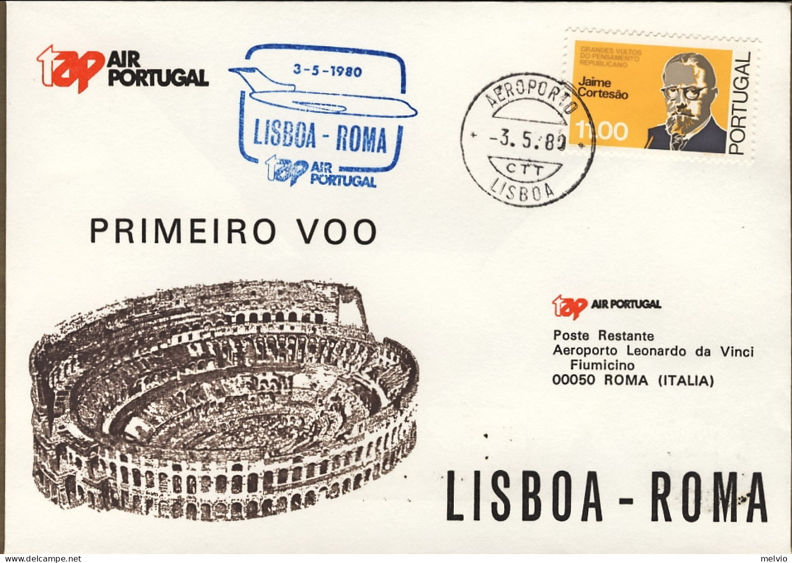 1980-Portogallo TAP I^volo Lisbona Roma - Storia Postale