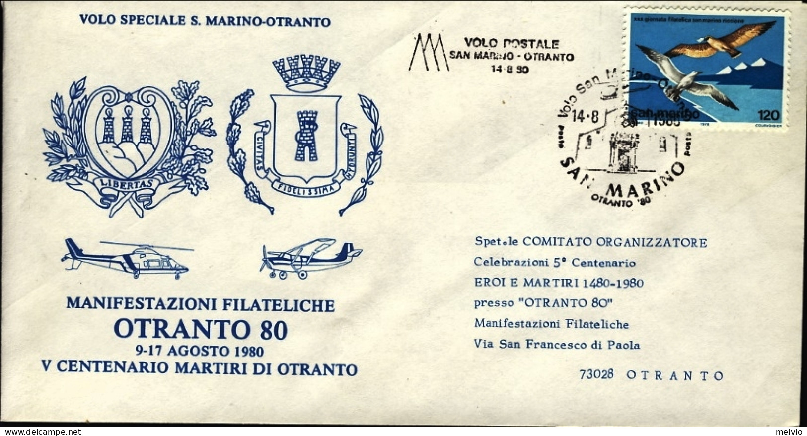 San Marino-1980 Manifestazione Filateliche Otranto 80 Annullo Speciale Figurato  - Luftpost