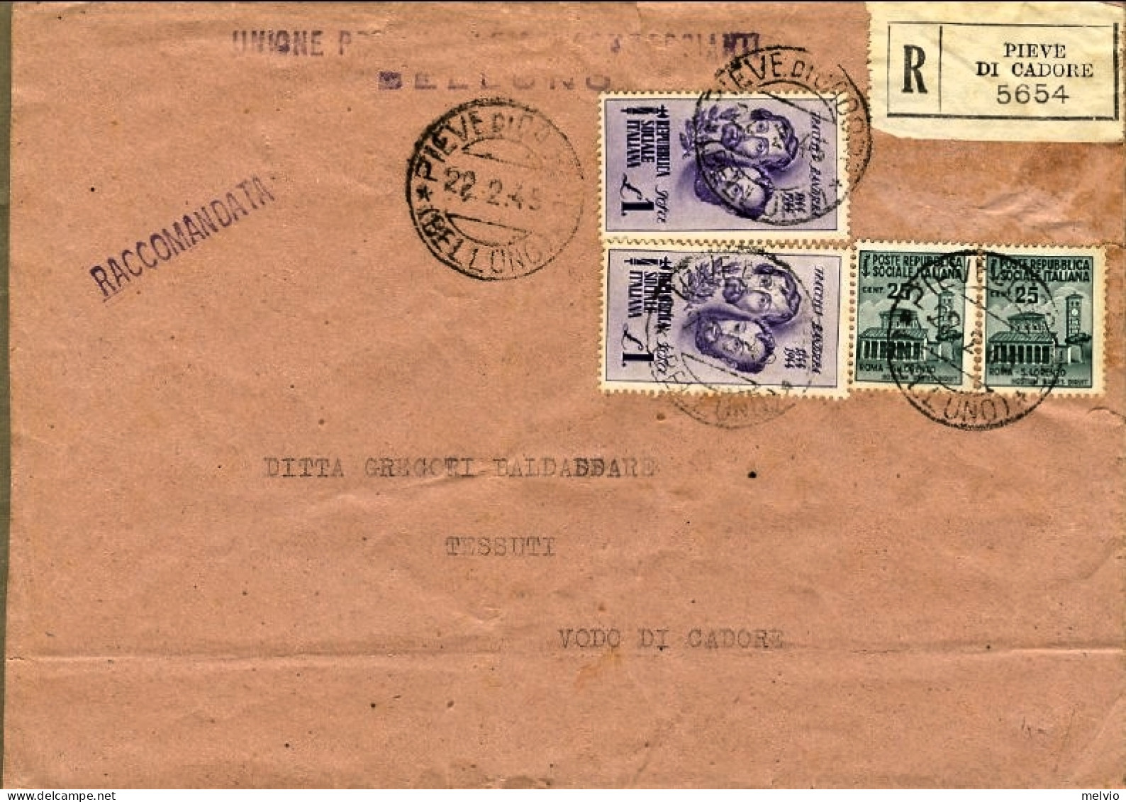 1945-busta Raccomandata Affr. Due 25c. Monumenti Distrutti+due L.1 F.lli Bandier - Poststempel