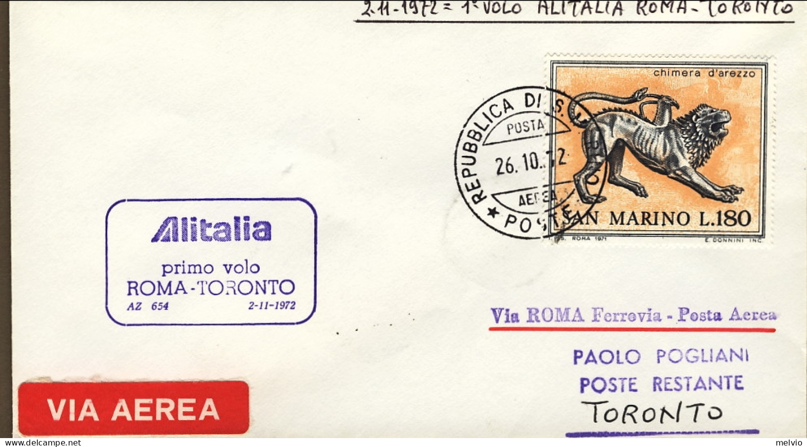 San Marino-1972 I^volo AZ 654 Alitalia Roma Toronto Del 2 Novembre - Poste Aérienne