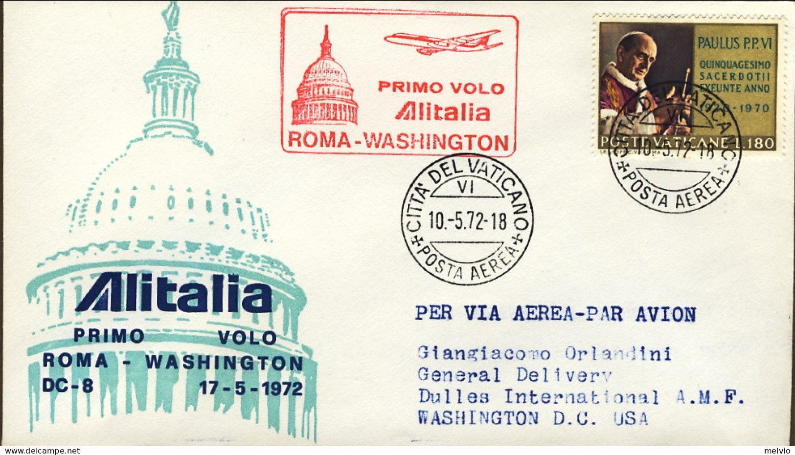 Vaticano-1971 I^volo Alitalia Roma Washington Del 17 Maggio - Luftpost