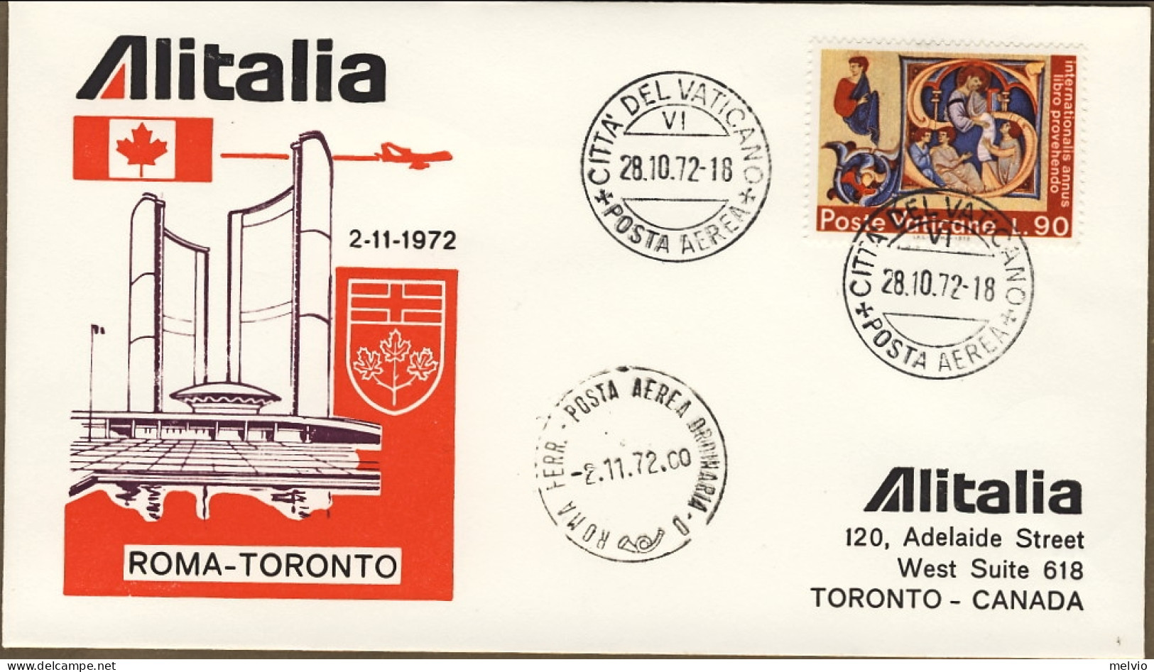 Vaticano-1972 I^volo Alitalia Roma Toronto Del 2 Novembre - Airmail