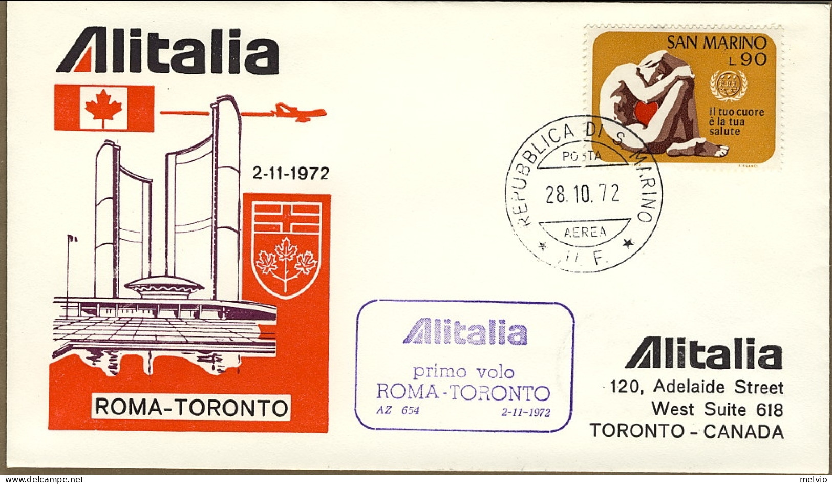 San Marino-1972 I^volo Alitalia Roma Toronto Del 2 Novembre - Airmail
