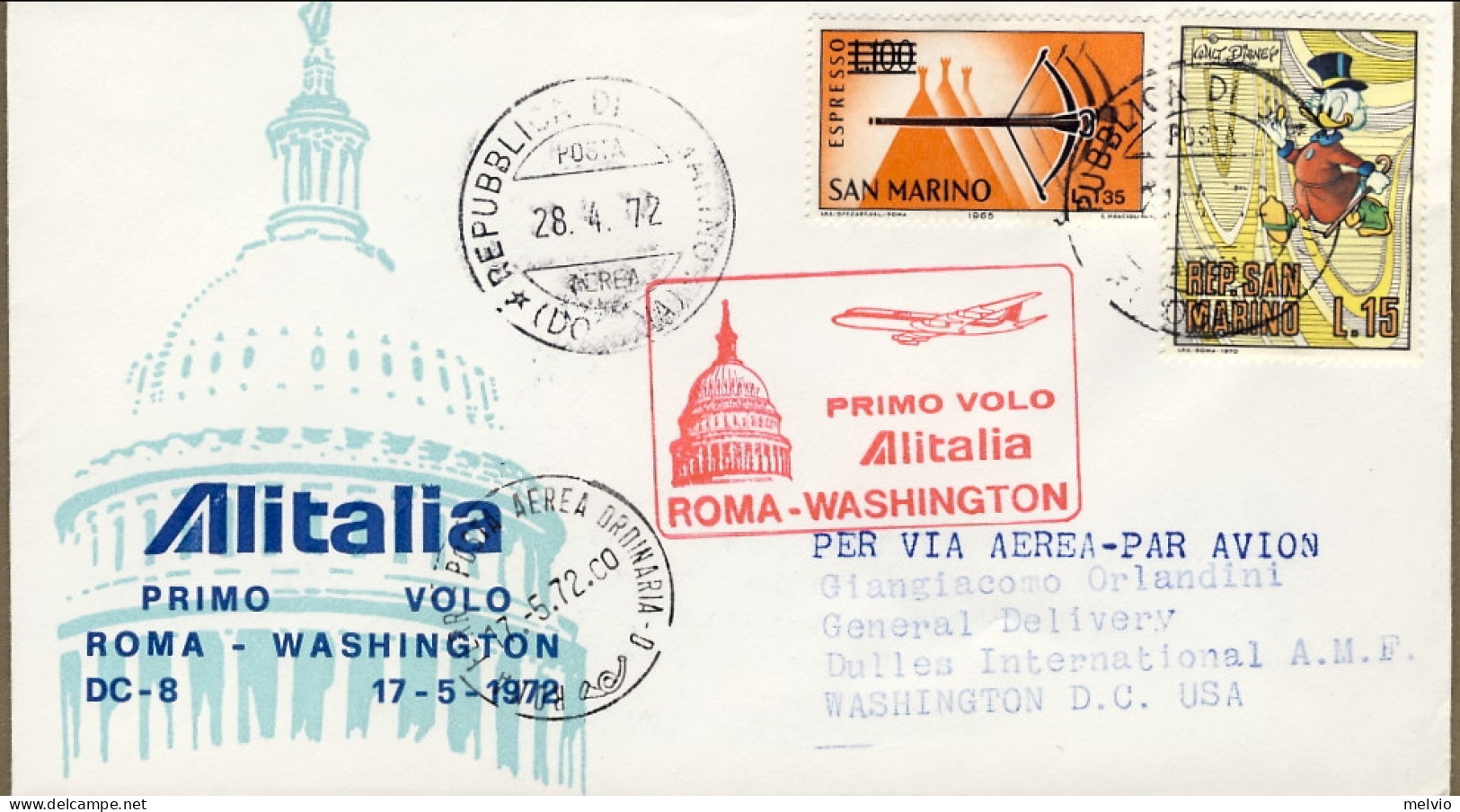 San Marino-1972 I^volo Alitalia Roma Washington Del 17 Maggio - Luftpost