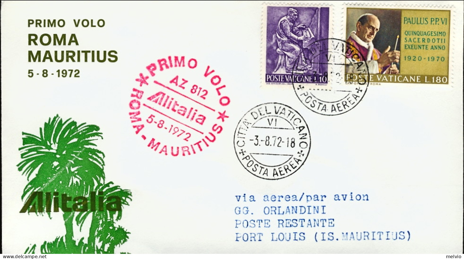 Vaticano-1972  I^volo Alitalia Roma Mauritius Del 5 Agosto - Luftpost