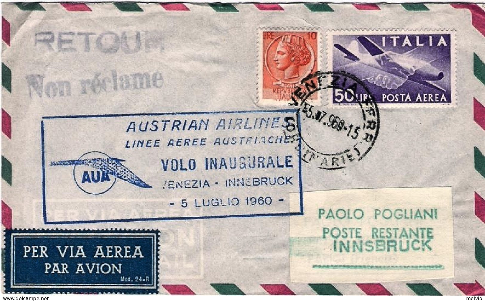 1960-delle Linee Aeree Austriache I^volo Venezia Innsbruck Del 5 Luglio - Sonstige & Ohne Zuordnung