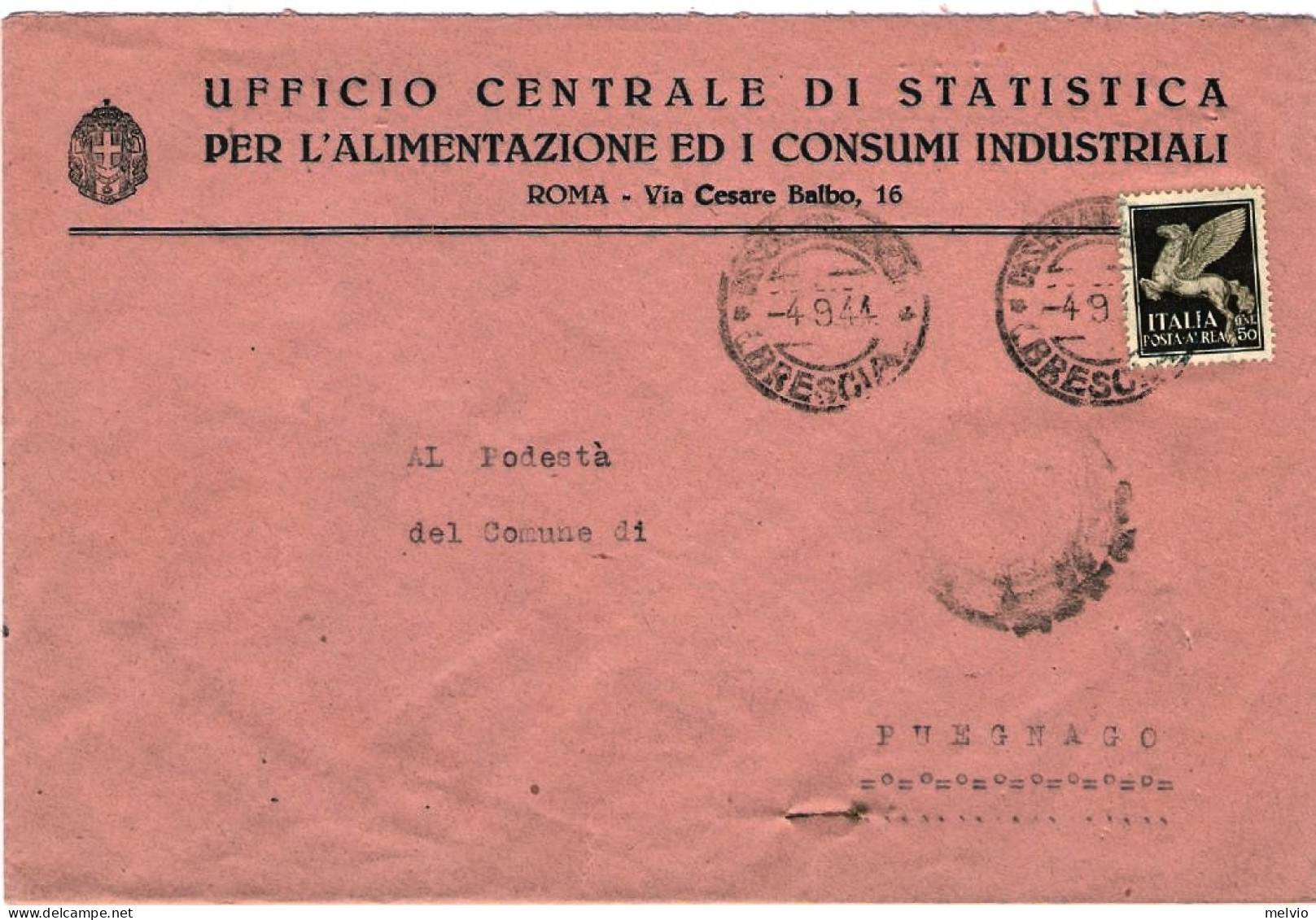 1944-busta Ufficio Centrale Di Statistica Per L'alimentazione Ed I Consumi Indus - Marcophilia
