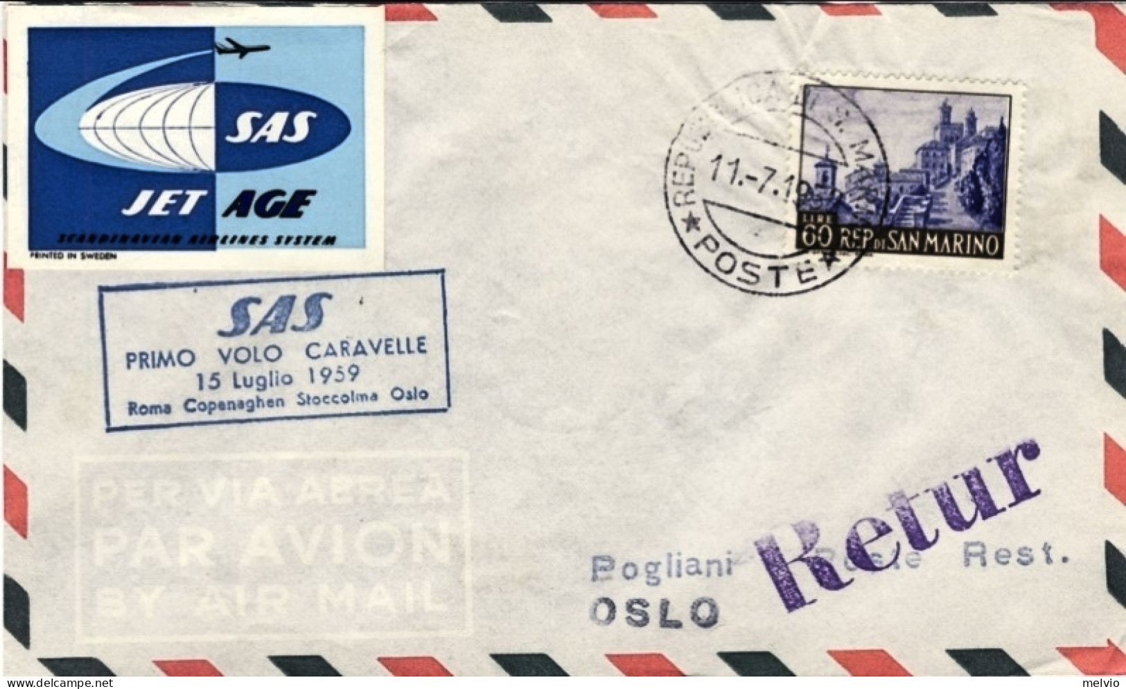 San Marino-1959 Cat.Pellegrini N.990 Euro 75, I^volo SAS Caravelle Roma Oslo (25 - Airmail