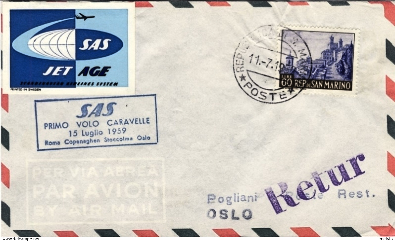 San Marino-1959 Cat.Pellegrini N.990 Euro 75, I^volo SAS Caravelle Roma Oslo (25 - Luchtpost