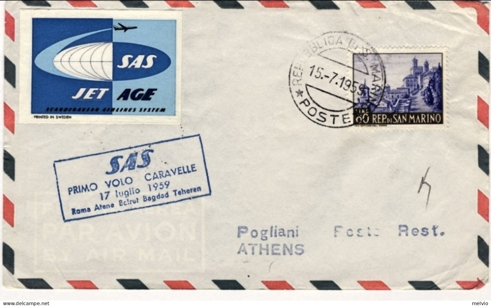 San Marino-1959 Cat.Pellegrini N.1002 Euro 75, I^volo SAS Caravelle Roma Atene ( - Poste Aérienne