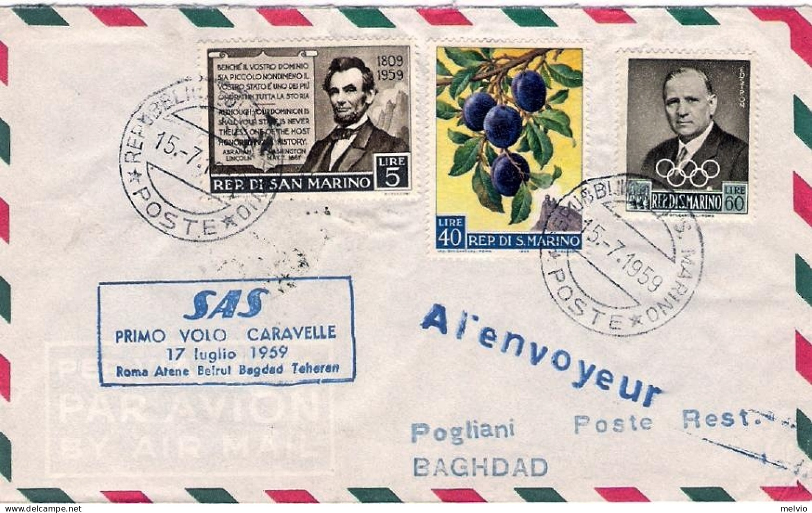 San Marino-1959 Cat.Pellegrini N.1005 Euro 75, I^volo SAS Caravelle Roma Baghdad - Airmail