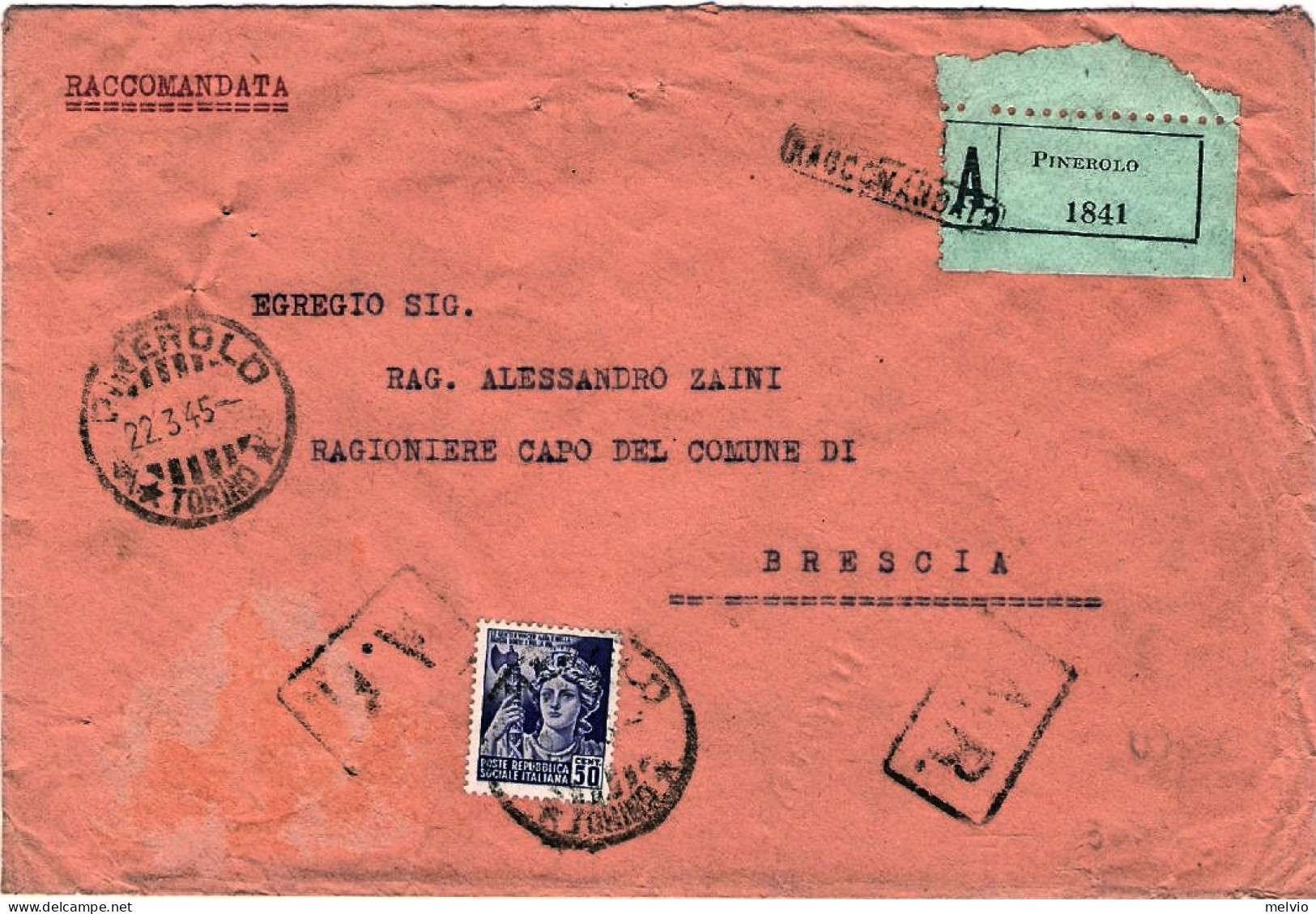 1945-RSI Busta (raccomandata?)affrancata 50c. Monumenti Distrutti Annullo Pinero - Poststempel