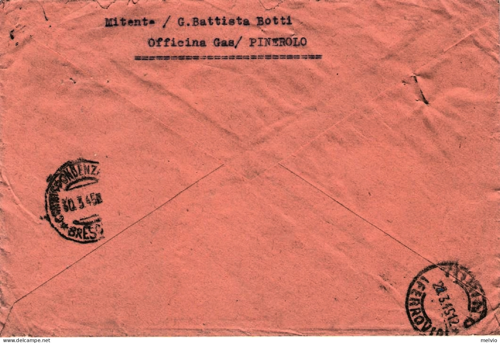 1945-RSI Busta (raccomandata?)affrancata 50c. Monumenti Distrutti Annullo Pinero - Poststempel