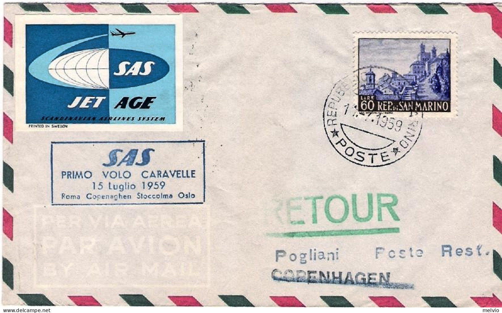 San Marino-1959 Con Erinnofilo I^volo Caravelle Roma Copenhagen (25 Pezzi Traspo - Poste Aérienne