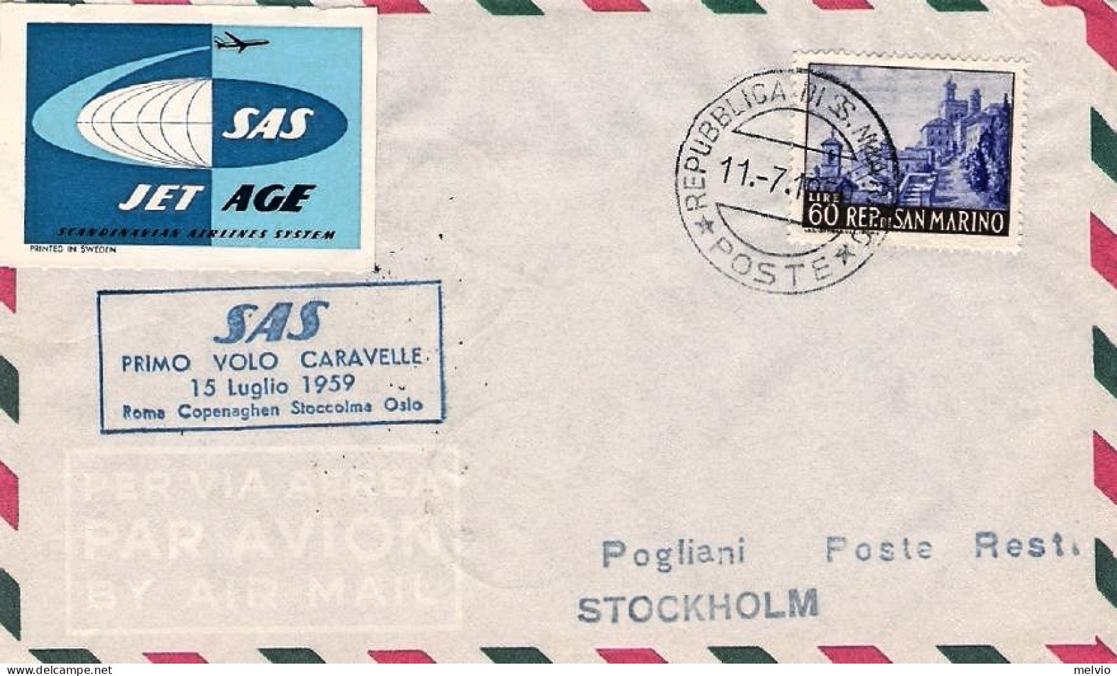 San Marino-1959 Con Erinnofilo I^volo Caravelle Roma Stoccolma (25 Pezzi Traspor - Airmail