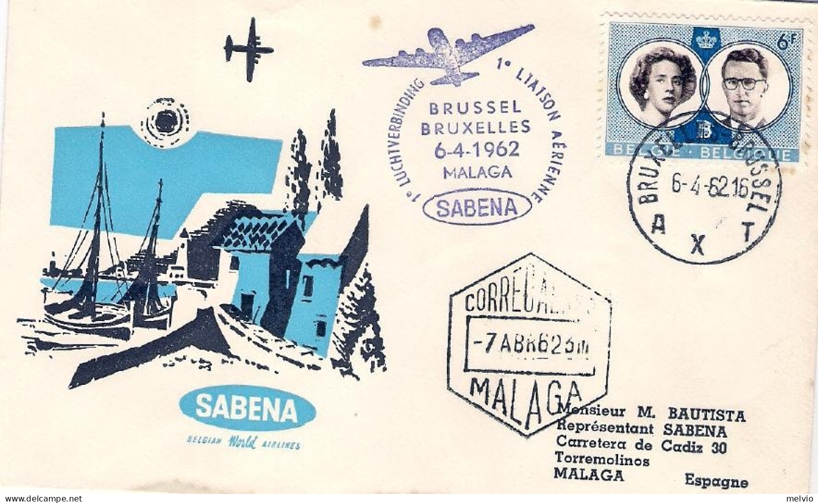 1962-Belgique Belgium Belgio Sabena I^volo Bruxelles Malaga - Cartas & Documentos