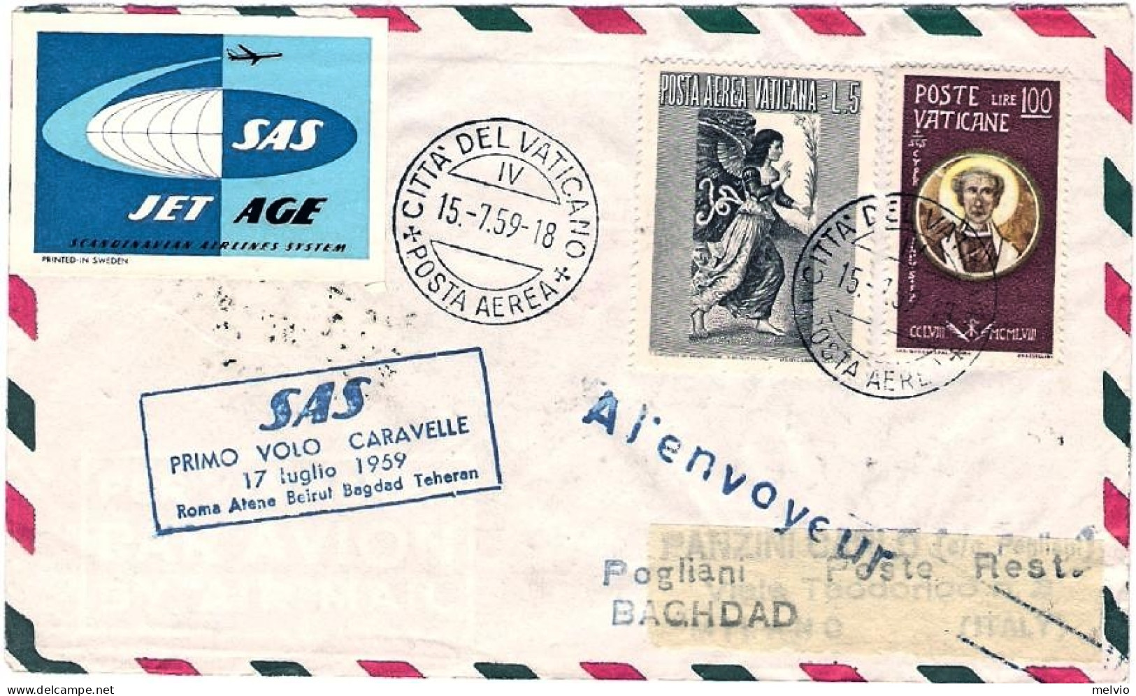 Vaticano-1959 Con Erinnofilo I^volo Caravelle Roma Baghdad (30 Pezzi Trasportati - Luchtpost