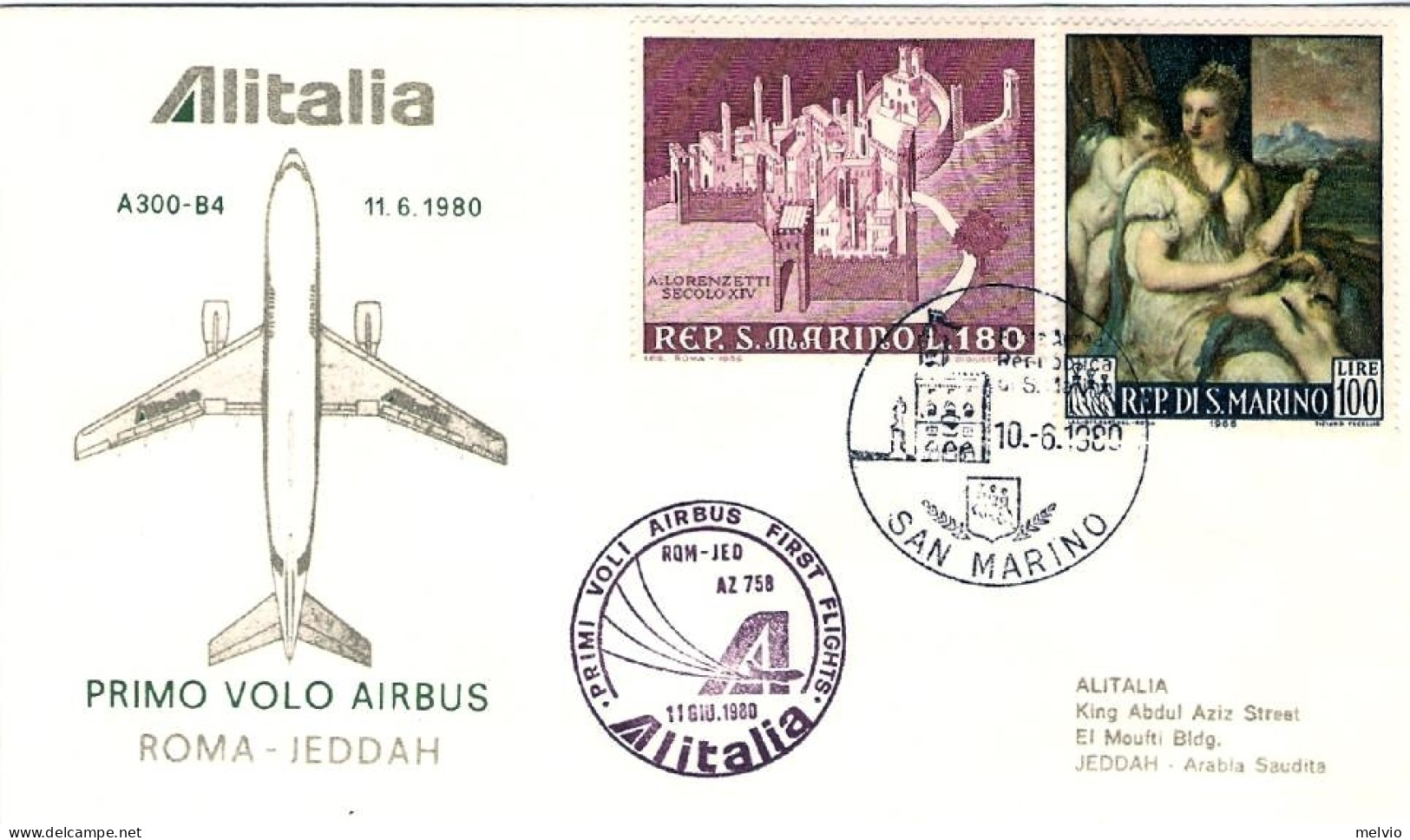 San Marino-1980 Alitalia I^volo Airbus Roma Jeddah - Airmail