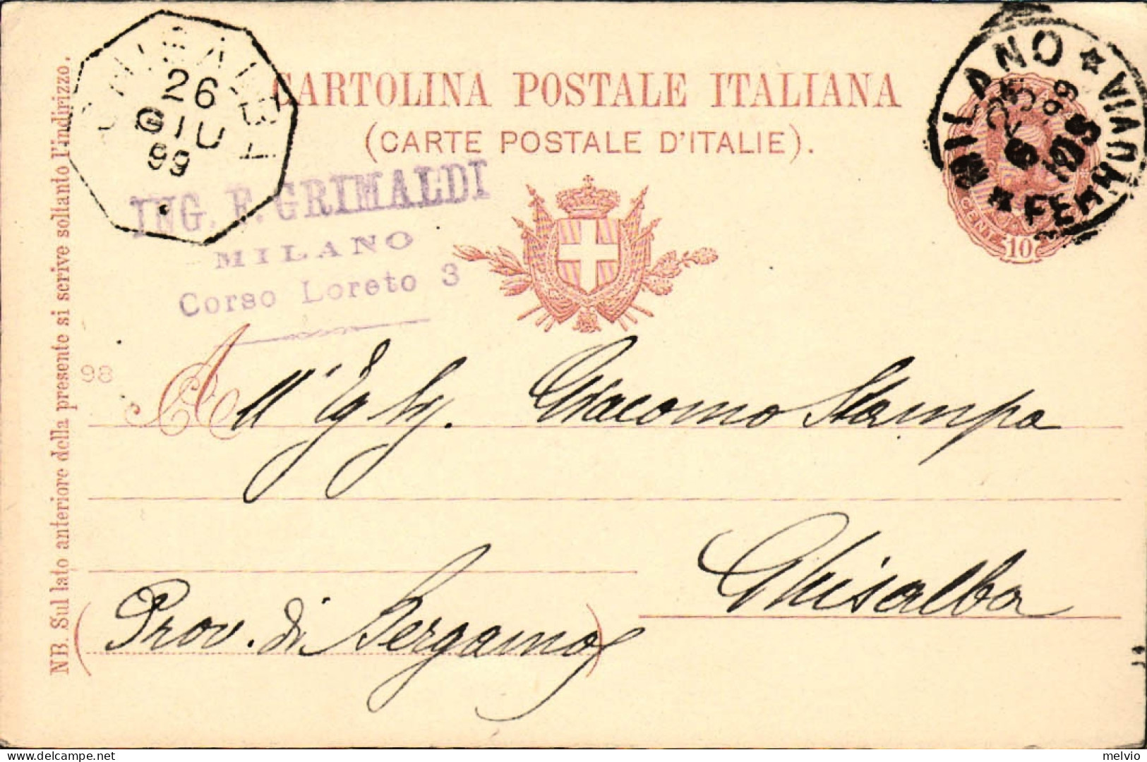 1899-cartolina Postale 10c.Umberto I Con Annullo Ottagonale In Arrivo Di Ghisalb - Stamped Stationery