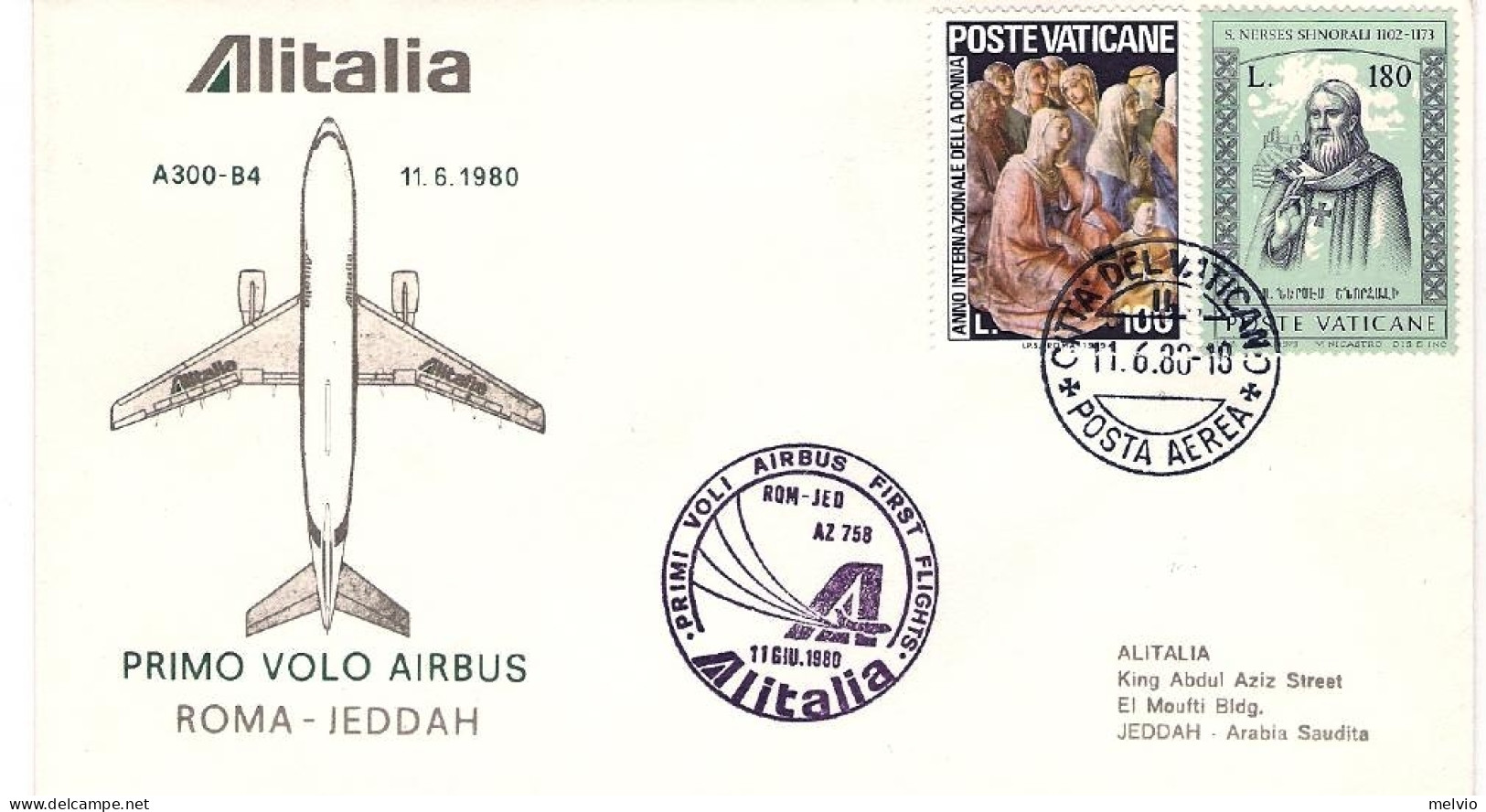 Vaticano-1980 Alitalia I^volo Airbus Roma Jeddah - Airmail