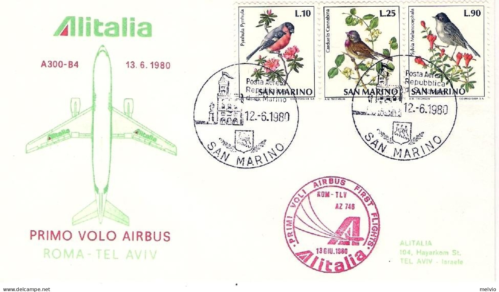 San Marino-1980 Alitalia I^volo Airbus Roma Tel Aviv - Posta Aerea
