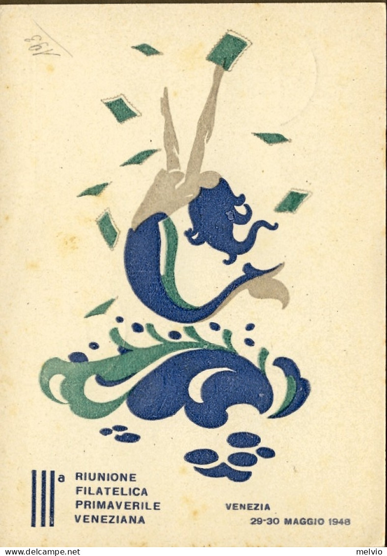 1948-cartolina III^riunione Filatelica Primaverile Veneziana Affrancata L.3 Riso - Exhibitions