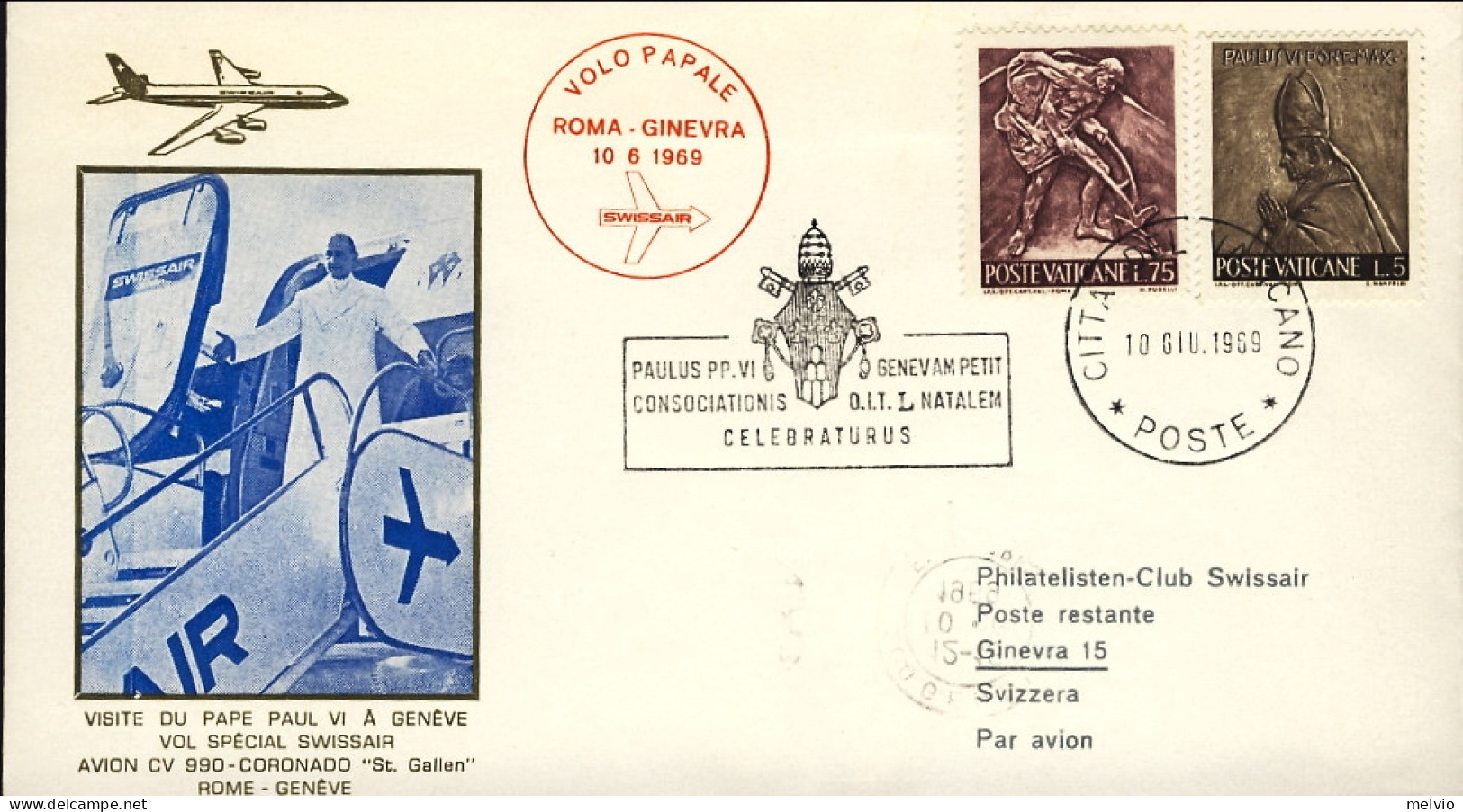 Vaticano-1969  Volo Papale Roma-Ginevra Del 10 Giugno Swissair - Poste Aérienne