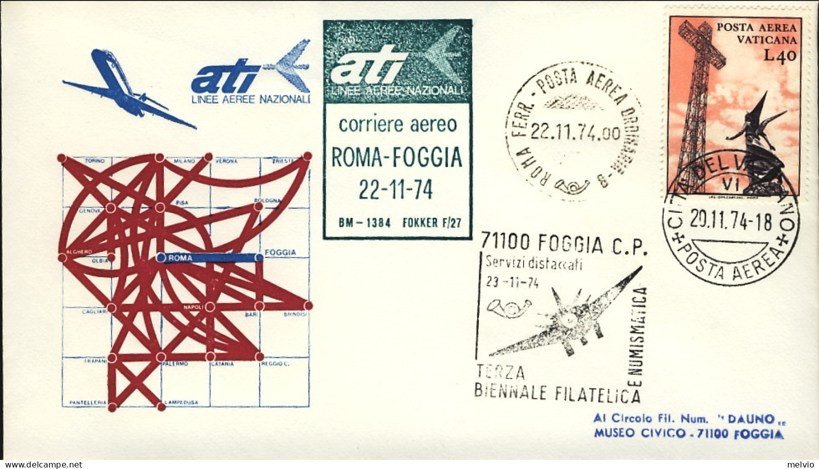 Vaticano-1974 ATI Corriere Aereo Roma-Foggia - Poste Aérienne
