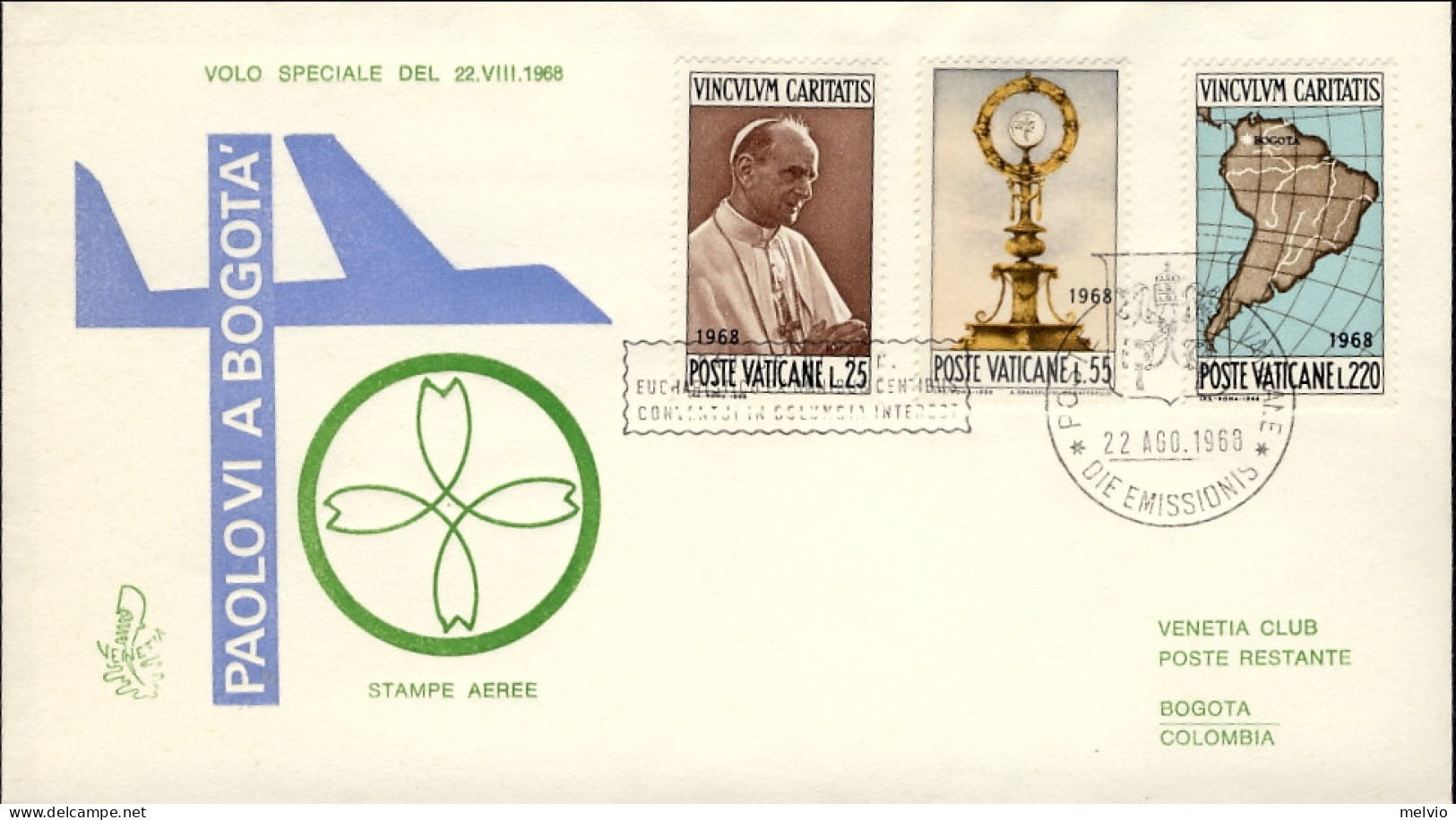 Vaticano-1968  Volo Papale A Bogota' Del 22 Agosto Su Fdc Venetia - FDC