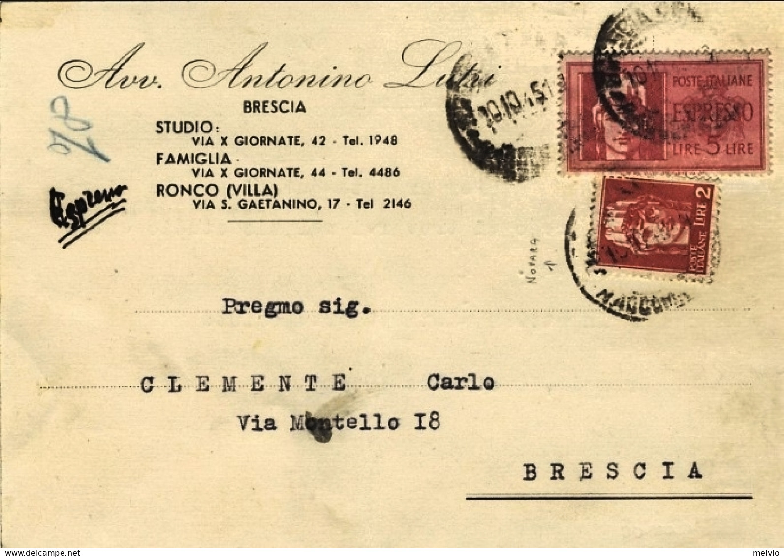 1945-L.2 Imperiale Senza Fasci Emissione Di Novara+espresso L.5 Su Cartolina Esp - Marcophilie