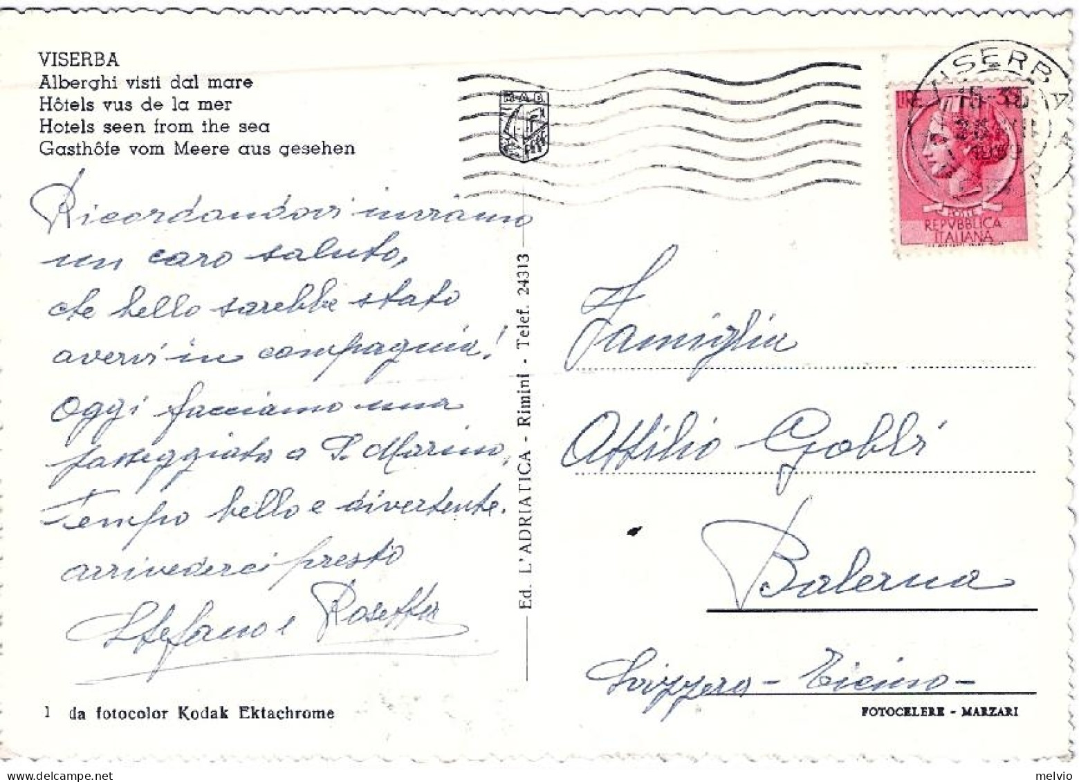1959-cartolina Viserba Rimini Alberghi Visti Dal Mare, Diretta In Svizzera Affra - Rimini