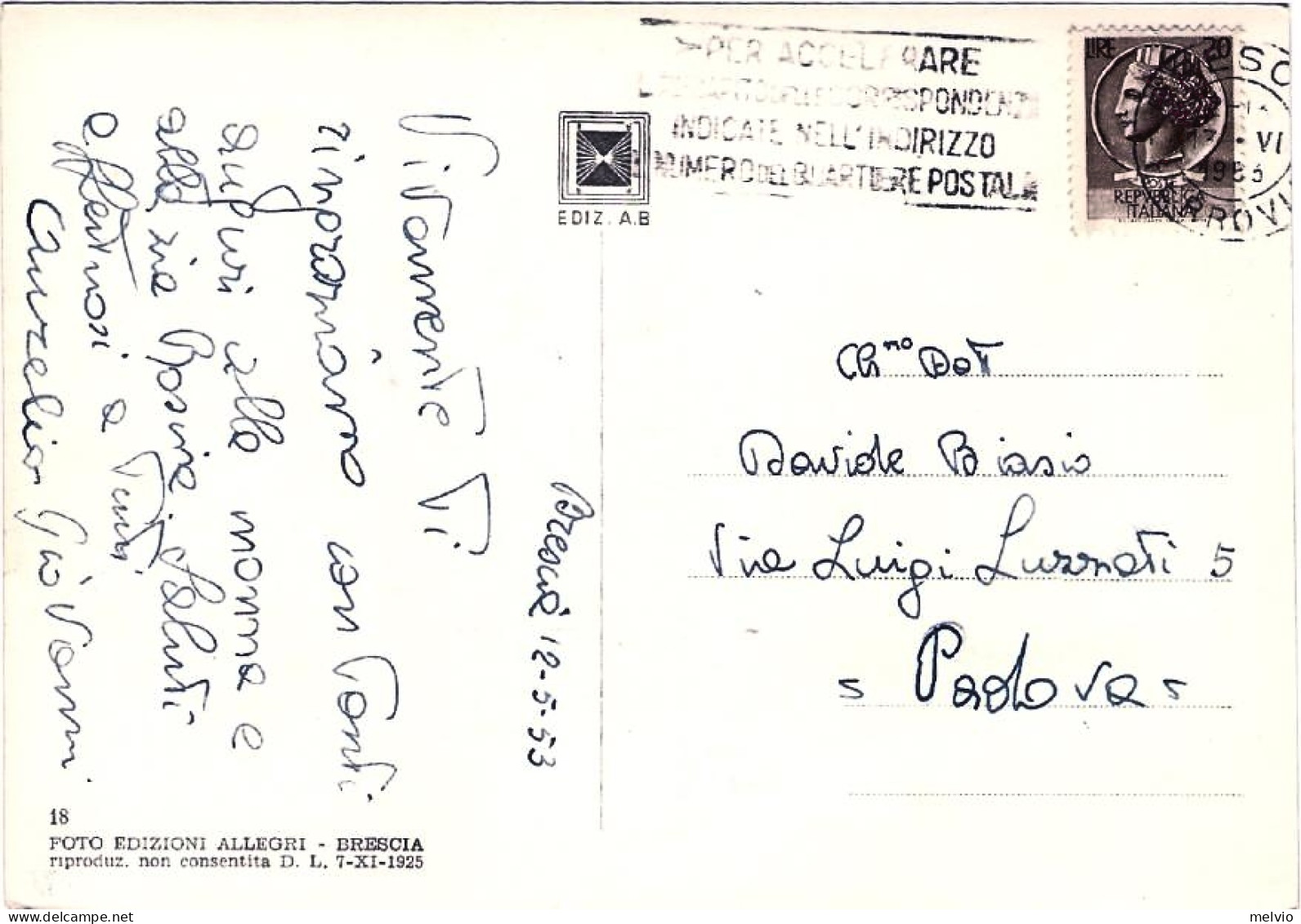 1953-cartolina Brescia Ospedale Nuovo Affrancata L.20 Siracusana Isolato Annullo - Brescia
