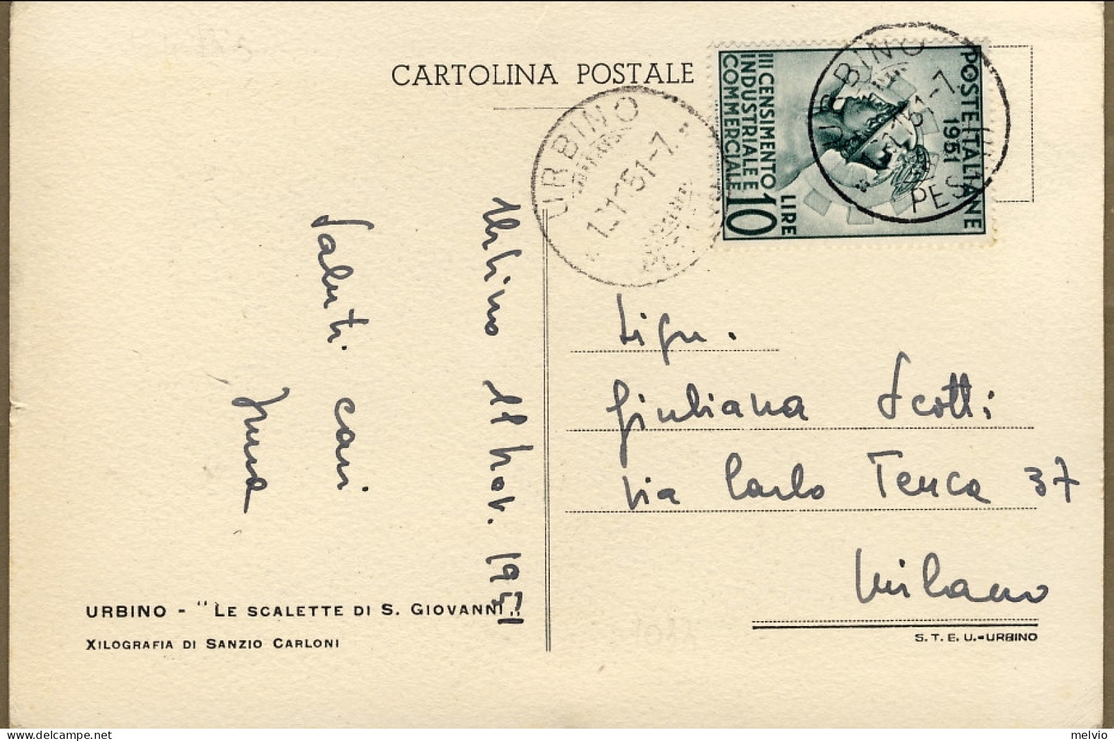 1951-cartolina Urbino Le Scalette Di San Giovanni Affr. L.10 Censimento Isolato - Urbino