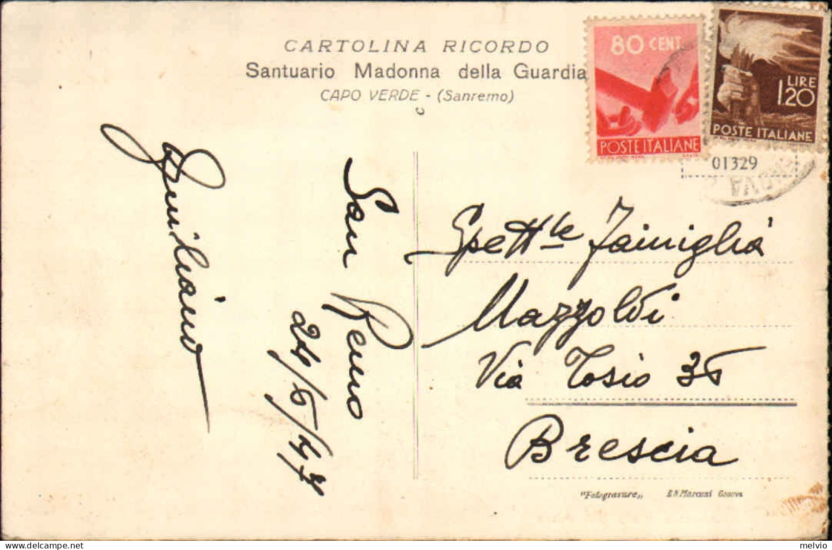1947-santuario Madonna Della Guardia Capo Verde Sanremo Cartolina Ricordo Affran - San Remo