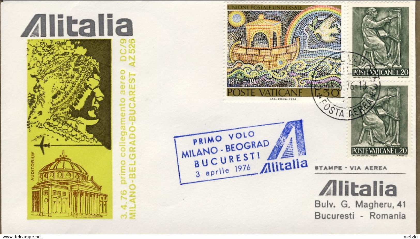 Vaticano-1976 Alitalia I^volo Milano Bucaresti Del 3 Aprile - Luftpost