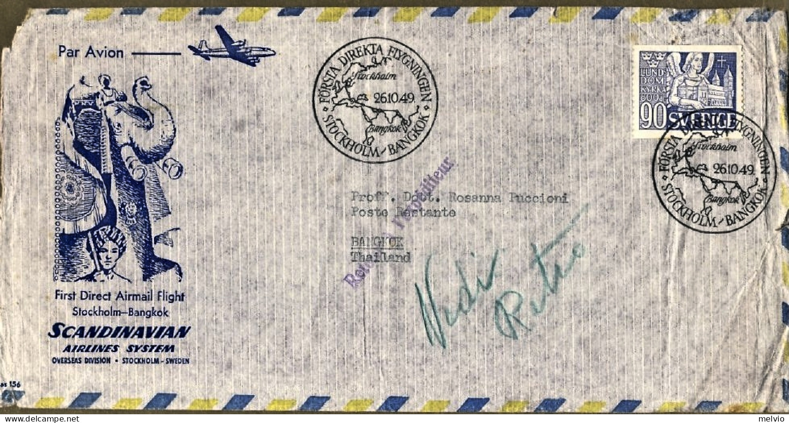 1949-Svezia I^volo Diretto SAS Stoccolma Bangkok Con Lettera Accompagnatoria A F - Altri & Non Classificati