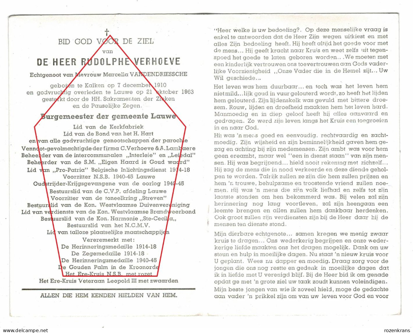 Rudolphe Verhoeve Marcella Vandendriessche Kalken Burgemeester Lauwe Lid Pro Patri 1914-18 Bidprentje Doodsprentje - Obituary Notices