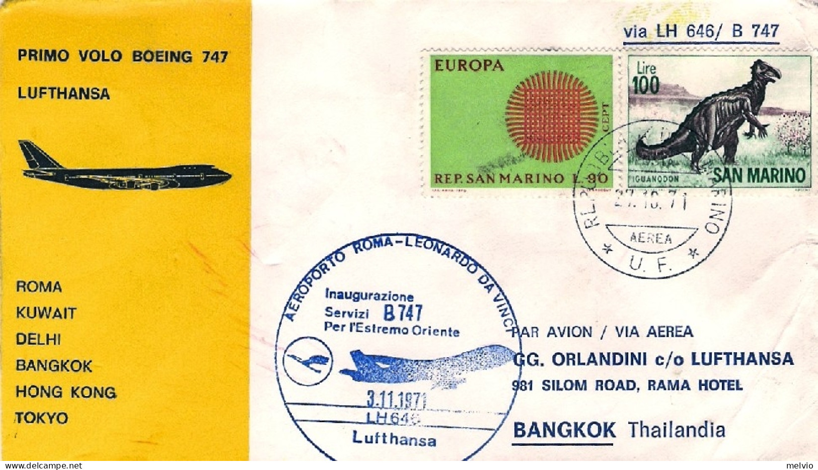 San Marino-1971 I^volo Boeing 747 Lufthansa Roma Bangkok Del 3 Novembre - Airmail