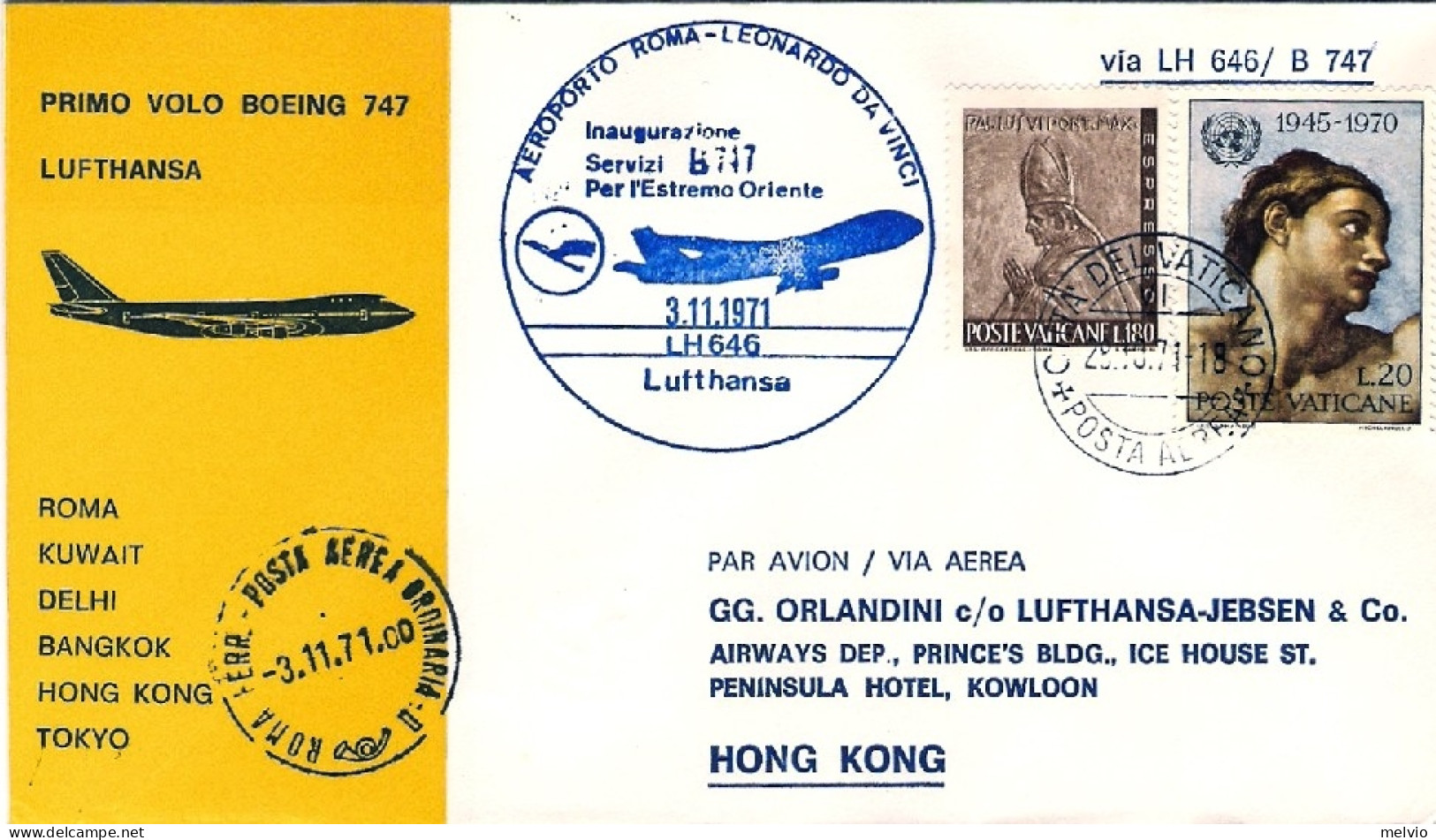 Vaticano-1971 I^volo Boeing 747 Lufthansa Roma Hong Kong Del 3 Novembre - Luftpost