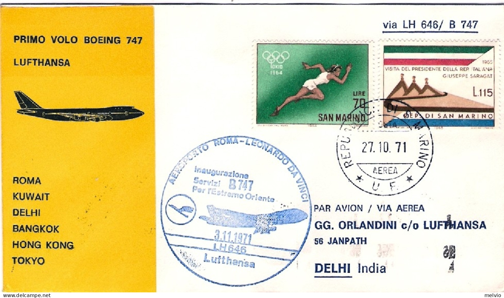 San Marino-1971 I^volo Boeing 747 Lufthansa Roma Delhi Del 3 Novembre - Airmail