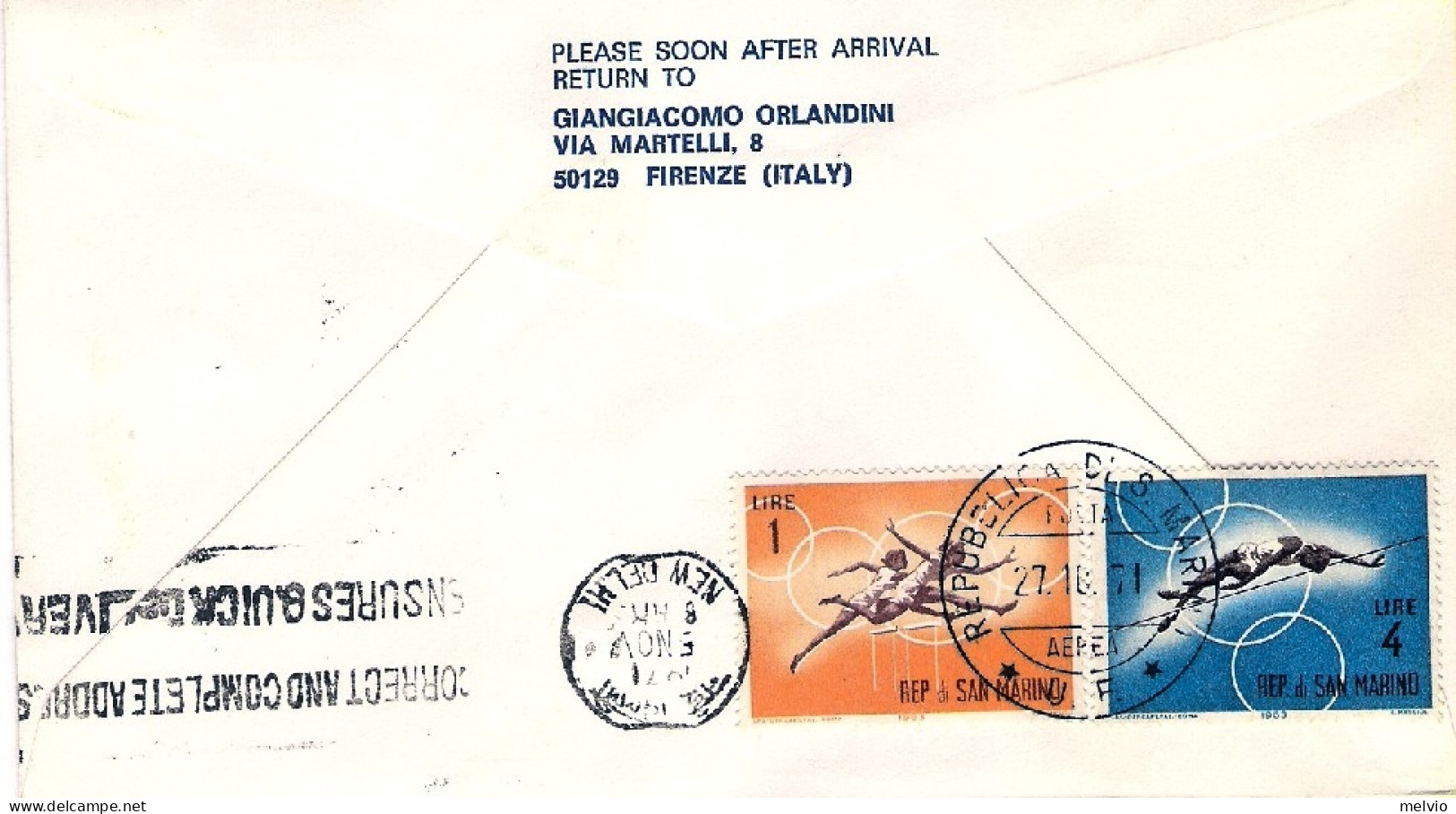 San Marino-1971 I^volo Boeing 747 Lufthansa Roma Delhi Del 3 Novembre - Airmail