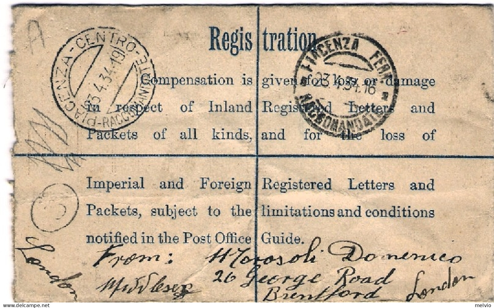 1934-Gran Bretagna Biglietto Postale Raccomandato Re George V (4,5 D) Con Affran - Briefe U. Dokumente