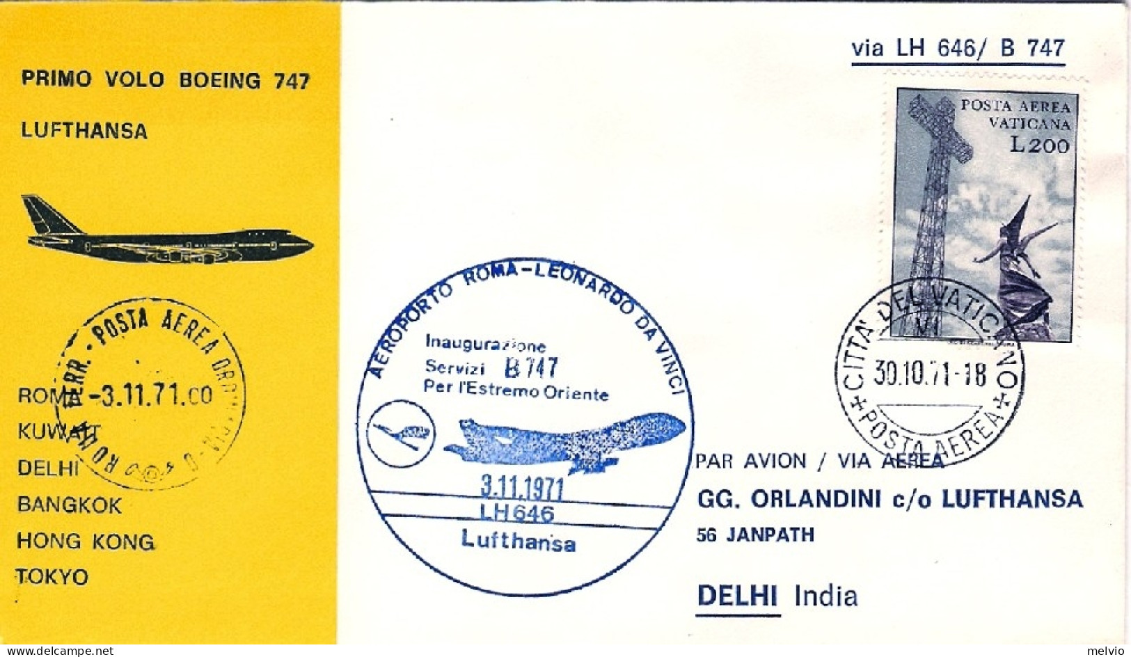 Vaticano-1971  I^volo Boeing 747 Lufthansa Roma Delhi Del 3 Novembre - Airmail