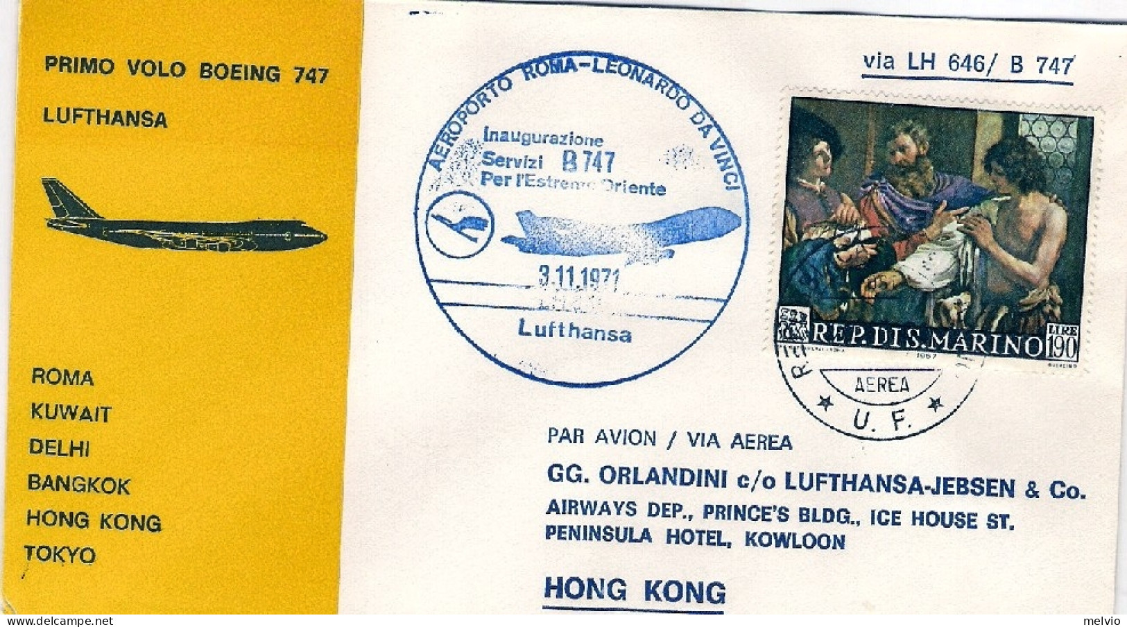 San Marino-1971 I^volo Boeing 747 Lufthansa Roma Hong Kong Del 3 Novembre - Airmail