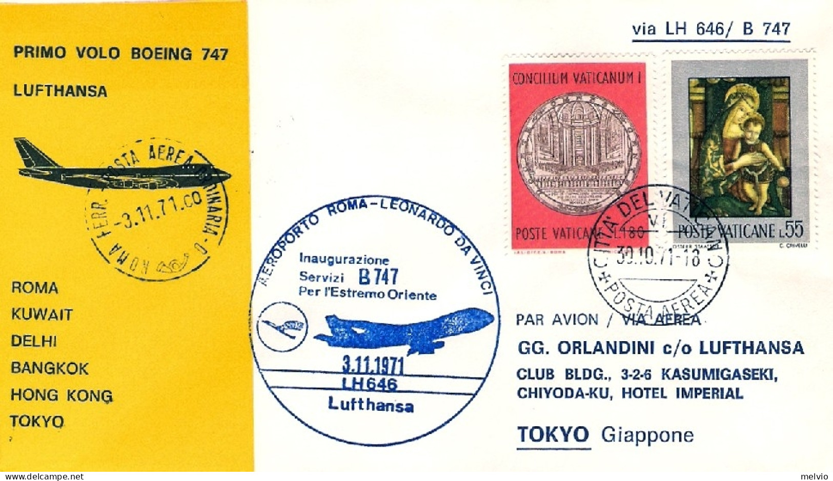 Vaticano-1971 I^volo Boeing 747 Lufthansa Roma Tokyo Del 3 Novembre - Posta Aerea