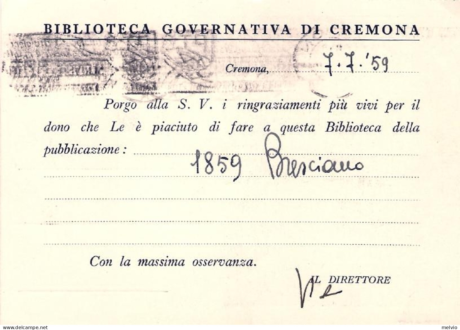 1959-cartolina A Stampa Della Biblioteca Governativa Di Cremona Affrancata L.15  - Cremona